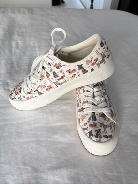 Cynthia Rowley White Platform Lace-Up Sneakers with Pink & Brown Dog Print